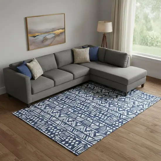 Navy Blue And Ivory Southwestern Washable Area Rug With UV Protection Photo 1