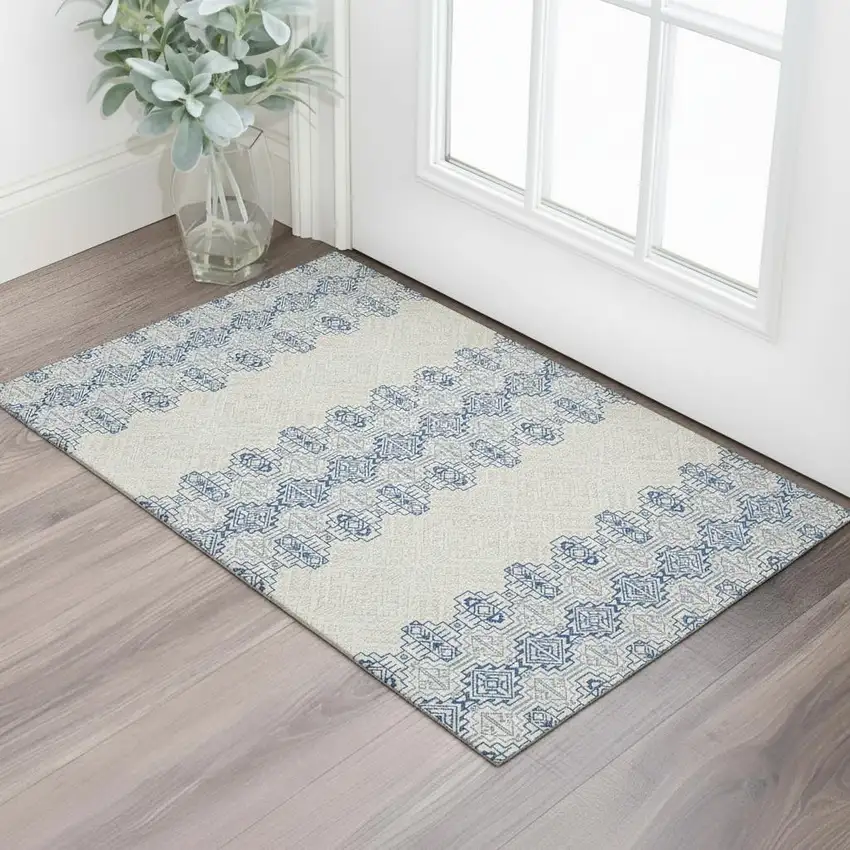 Navy Blue And Ivory Southwestern Washable Area Rug With UV Protection Photo 2