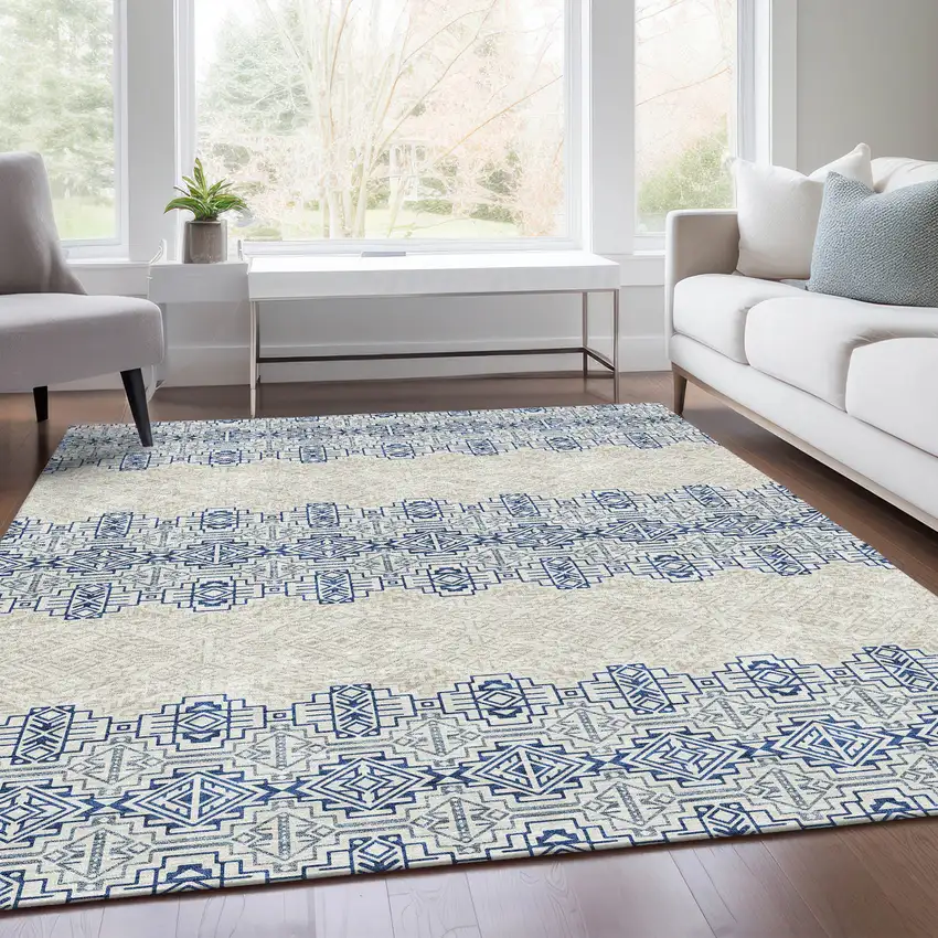 Navy Blue And Ivory Southwestern Washable Area Rug With UV Protection Photo 5