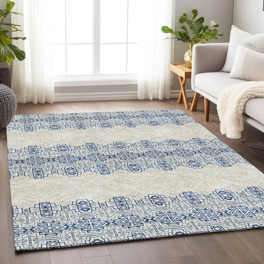 Navy Blue And Ivory Southwestern Washable Area Rug With UV Protection Photo 5