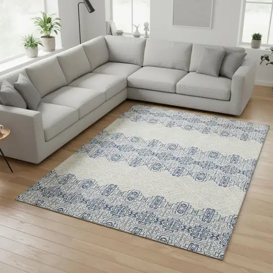 Navy Blue And Ivory Southwestern Washable Area Rug With UV Protection Photo 2