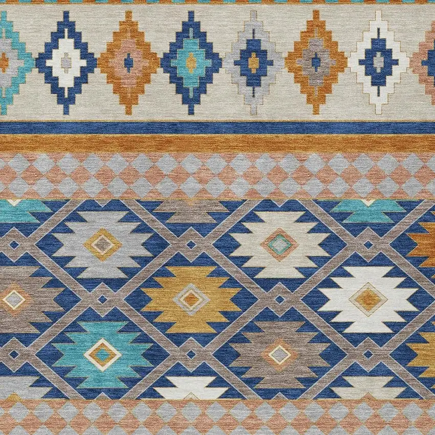 Navy Blue And Ivory Southwestern Washable Indoor Outdoor Area Rug Photo 3