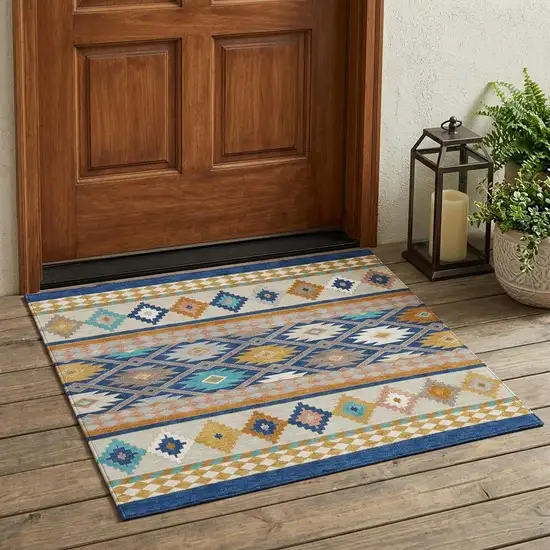 Navy Blue And Ivory Southwestern Washable Indoor Outdoor Area Rug Photo 1