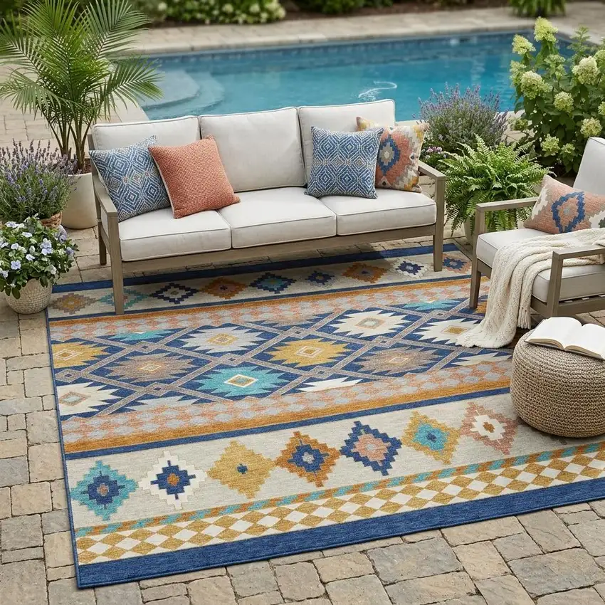 Navy Blue And Ivory Southwestern Washable Indoor Outdoor Area Rug Photo 1