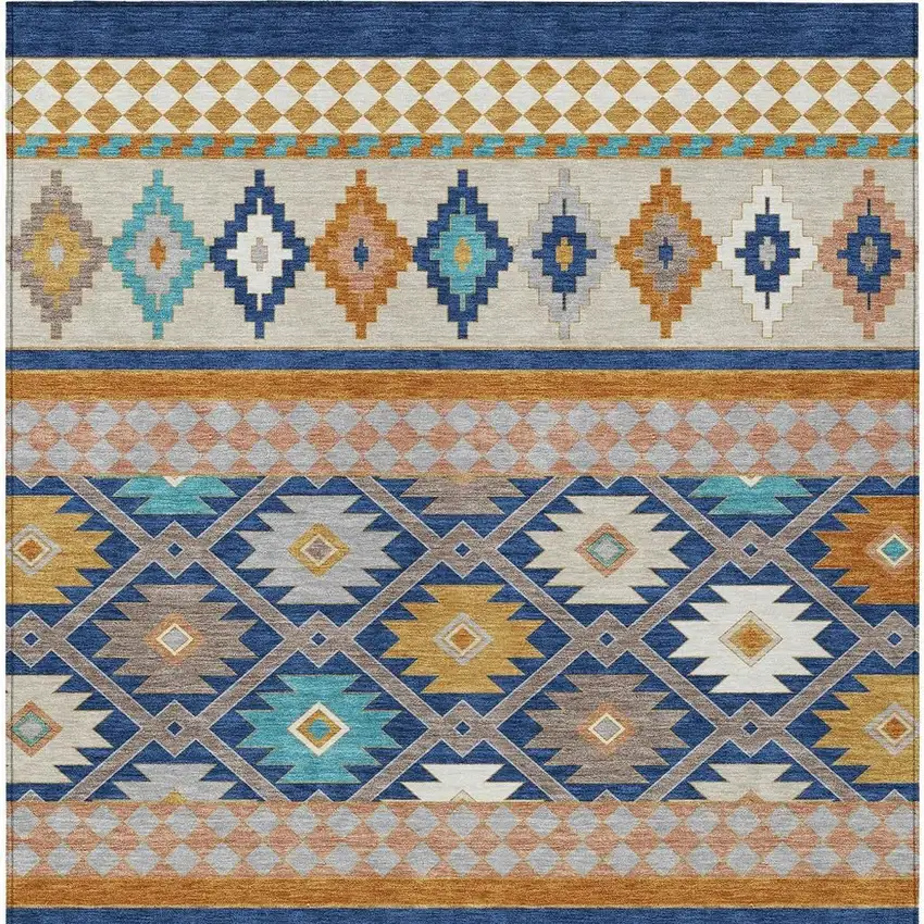 Navy Blue And Ivory Southwestern Washable Indoor Outdoor Area Rug Photo 4