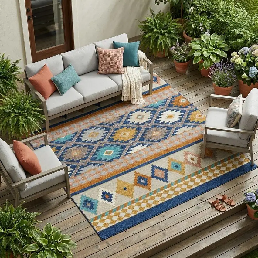 Navy Blue And Ivory Southwestern Washable Indoor Outdoor Area Rug Photo 1