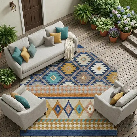 Navy Blue And Ivory Southwestern Washable Indoor Outdoor Area Rug Photo 1