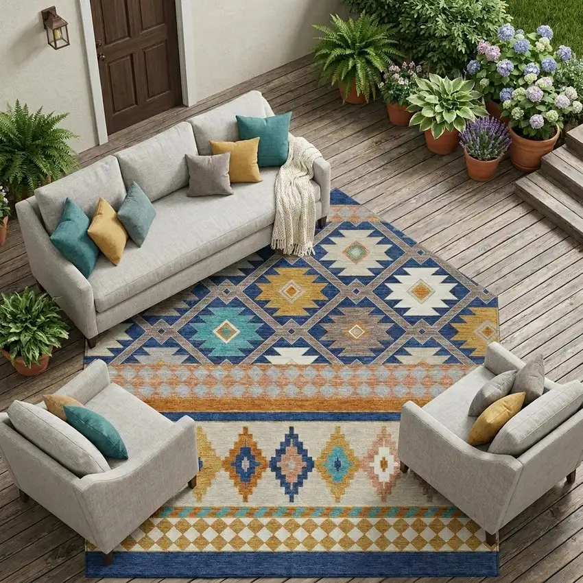 Navy Blue And Ivory Southwestern Washable Indoor Outdoor Area Rug Photo 1