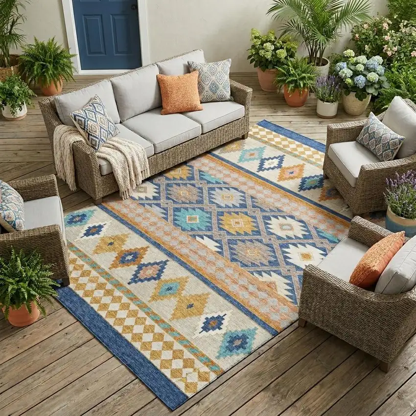 Navy Blue And Ivory Southwestern Washable Indoor Outdoor Area Rug Photo 1