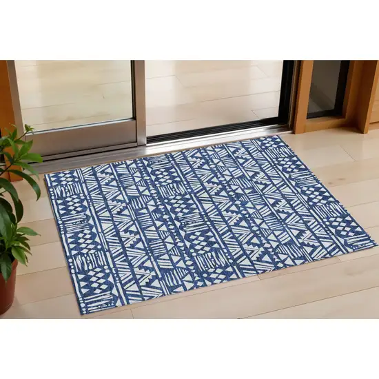Navy Blue And Ivory Southwestern Washable Indoor Outdoor Area Rug Photo 1