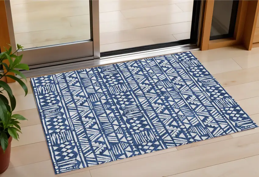 Navy Blue And Ivory Southwestern Washable Indoor Outdoor Area Rug Photo 1
