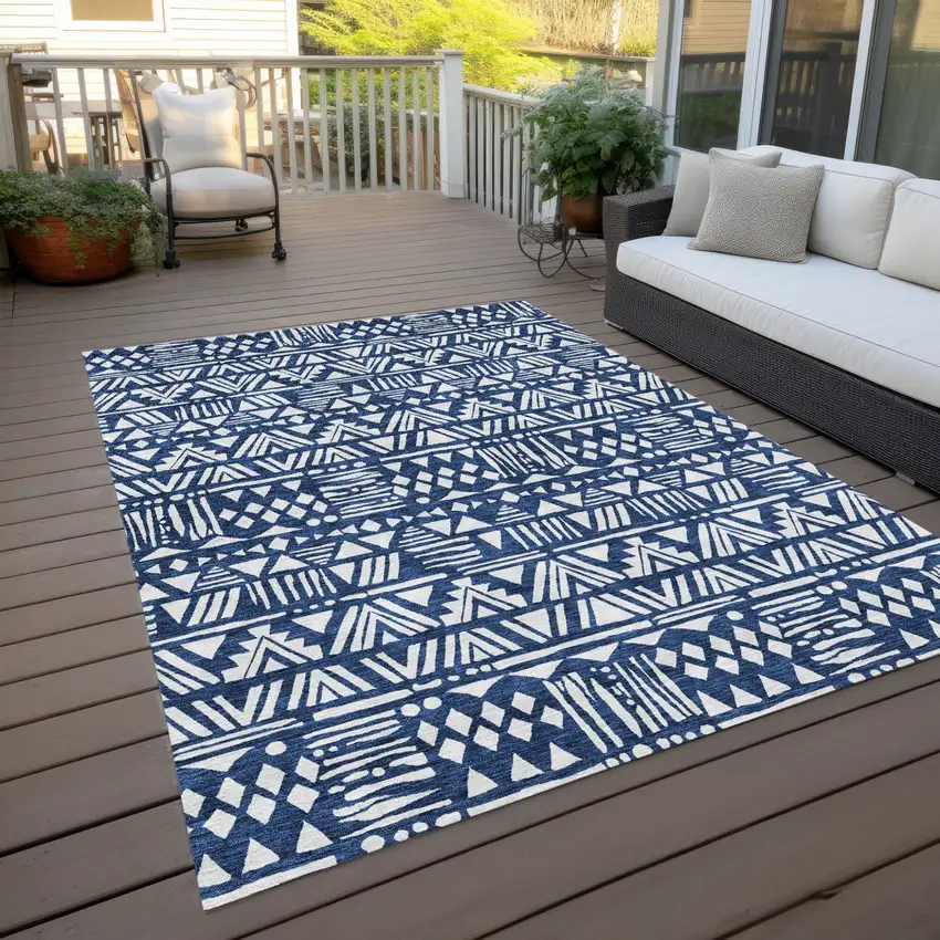 Navy Blue And Ivory Southwestern Washable Indoor Outdoor Area Rug Photo 9
