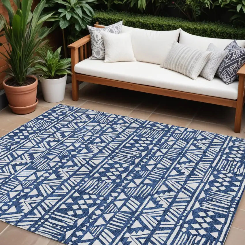 Navy Blue And Ivory Southwestern Washable Indoor Outdoor Area Rug Photo 1