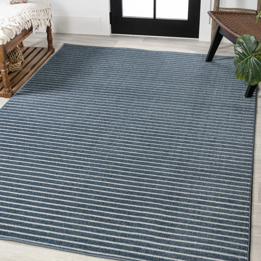 Navy Blue And Ivory Striped Indoor Outdoor Area Rug Photo 6