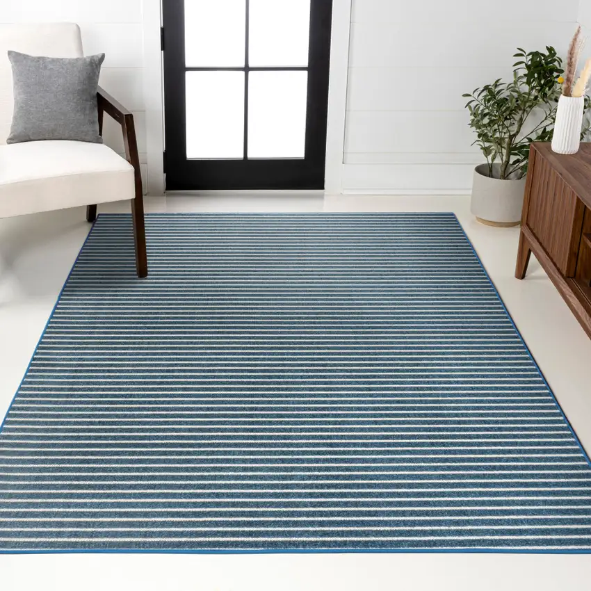Navy Blue And Ivory Striped Indoor Outdoor Area Rug Photo 8