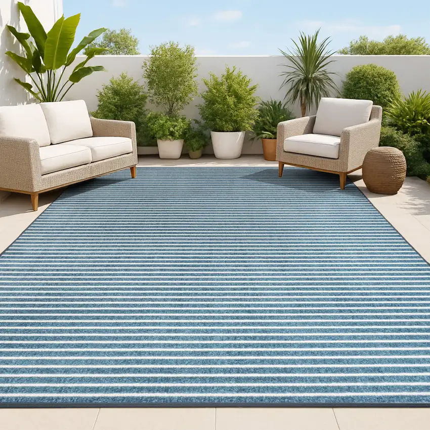 Navy Blue And Ivory Striped Indoor Outdoor Area Rug Photo 4