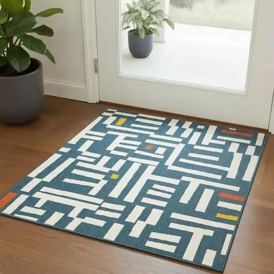 Navy Blue And Ivory Striped Square Rug Photo 1