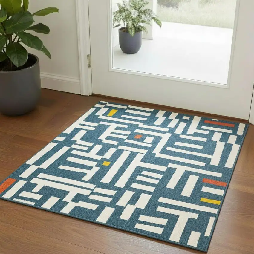 Navy Blue And Ivory Striped Square Rug Photo 1