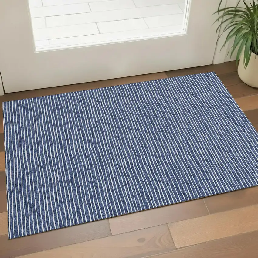 Navy Blue And Ivory Striped Washable Area Rug With UV Protection Photo 1