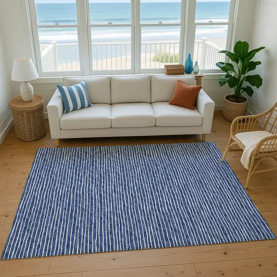 Navy Blue And Ivory Striped Washable Area Rug With UV Protection Photo 5