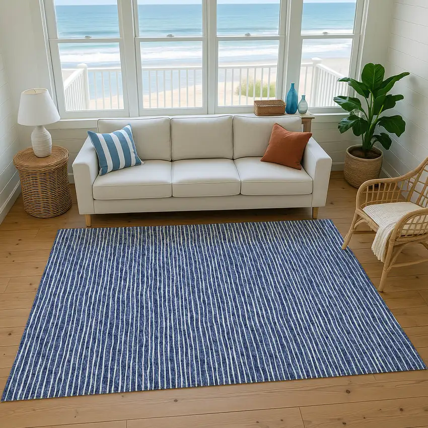 Navy Blue And Ivory Striped Washable Area Rug With UV Protection Photo 5