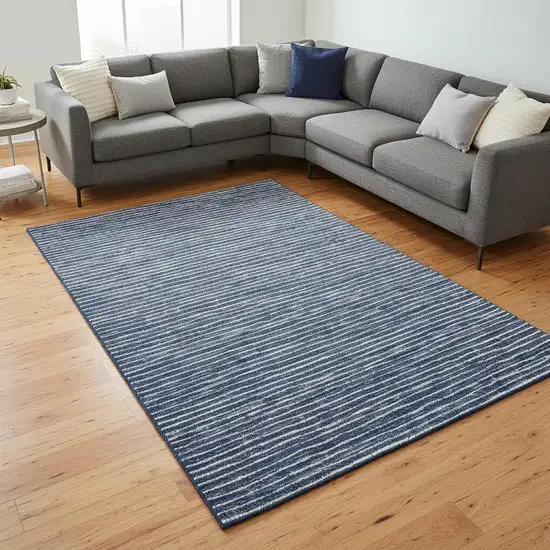 Navy Blue And Ivory Striped Washable Area Rug With UV Protection Photo 1