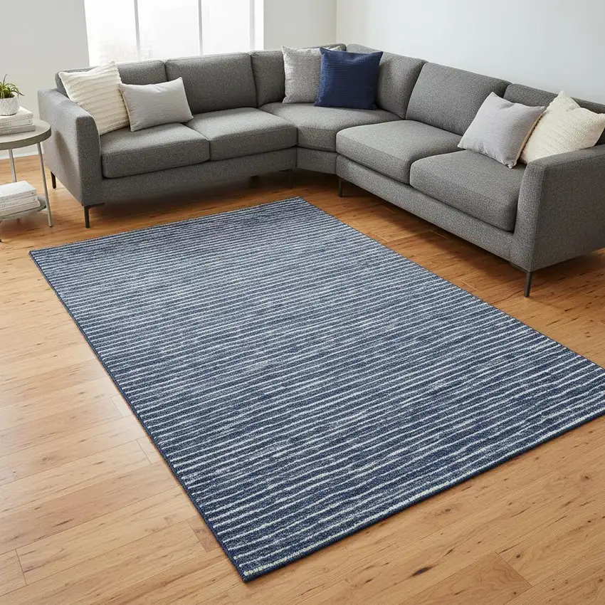 Navy Blue And Ivory Striped Washable Area Rug With UV Protection Photo 1