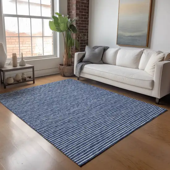 Navy Blue And Ivory Striped Washable Area Rug With UV Protection Photo 4