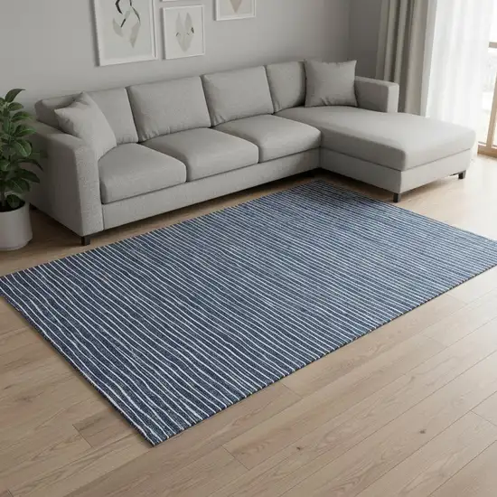 Navy Blue And Ivory Striped Washable Area Rug With UV Protection Photo 1