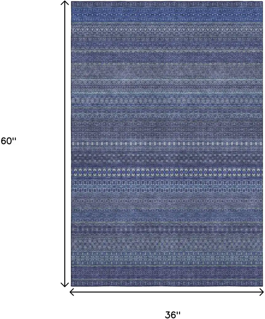 Navy Blue And Ivory Striped Washable Area Rug With UV Protection Photo 3