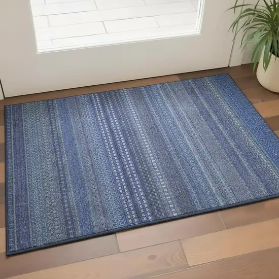 Navy Blue And Ivory Striped Washable Area Rug With UV Protection Photo 1
