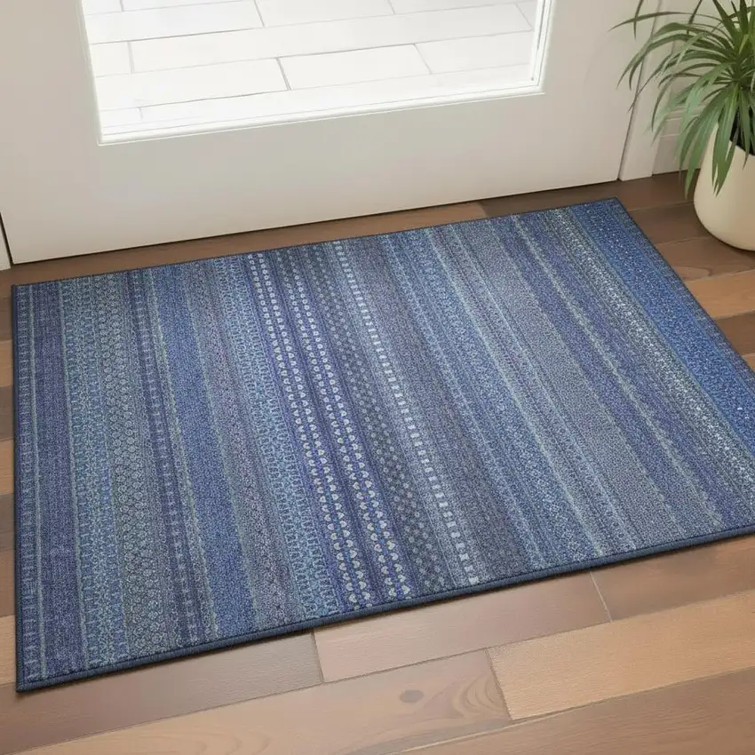 Navy Blue And Ivory Striped Washable Area Rug With UV Protection Photo 1