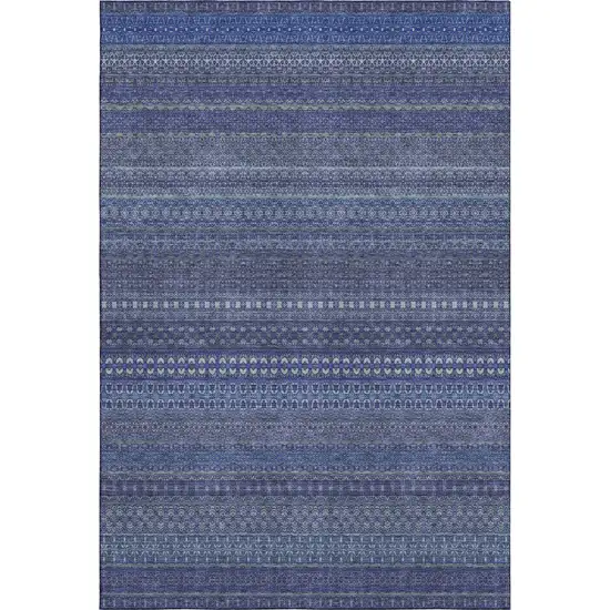 Navy Blue And Ivory Striped Washable Area Rug With UV Protection Photo 1
