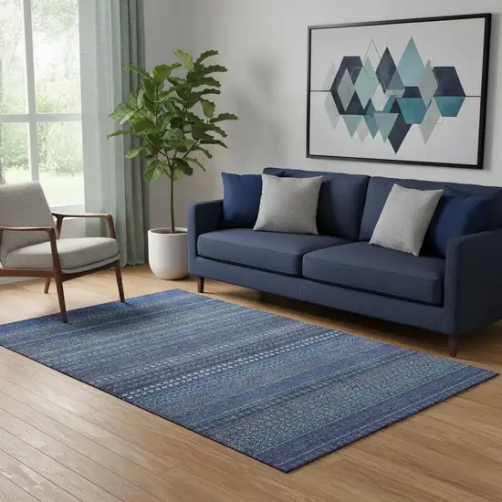 Navy Blue And Ivory Striped Washable Area Rug With UV Protection Photo 1