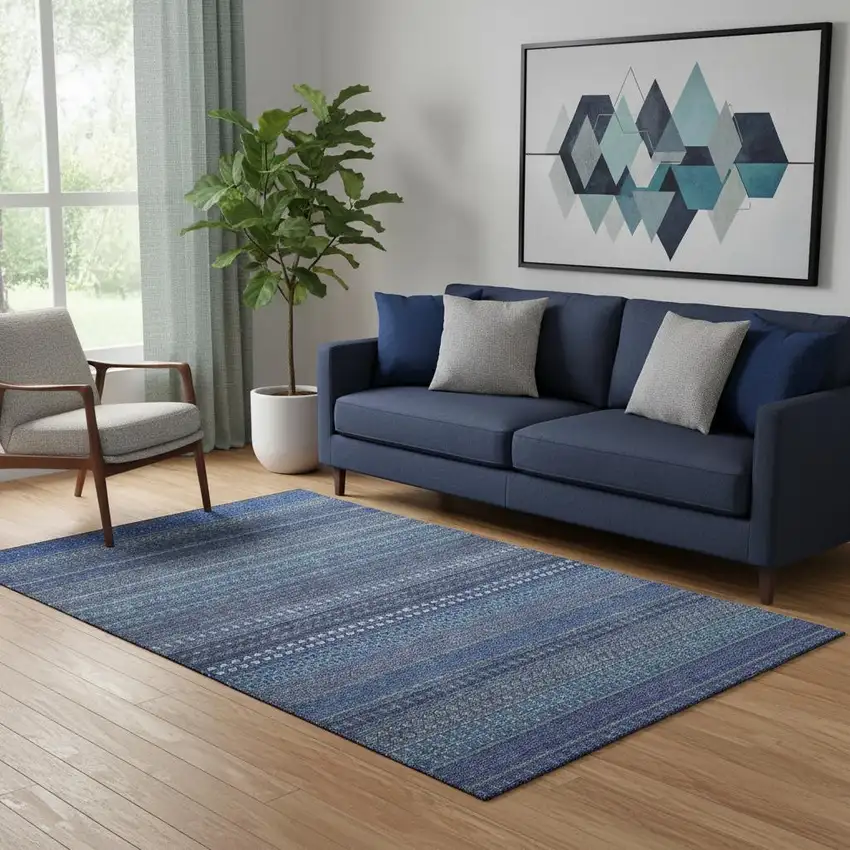 Navy Blue And Ivory Striped Washable Area Rug With UV Protection Photo 1