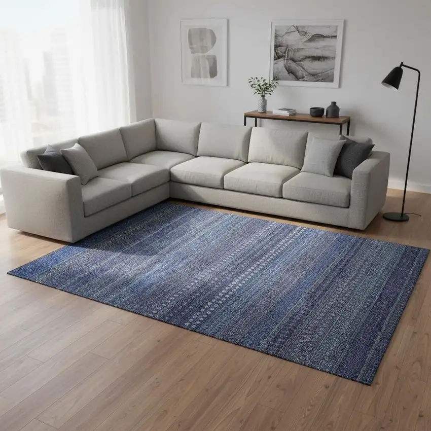 Navy Blue And Ivory Striped Washable Area Rug With UV Protection Photo 1