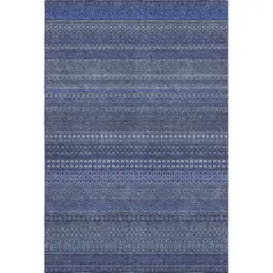 Photo of Navy Blue And Ivory Striped Washable Area Rug With UV Protection