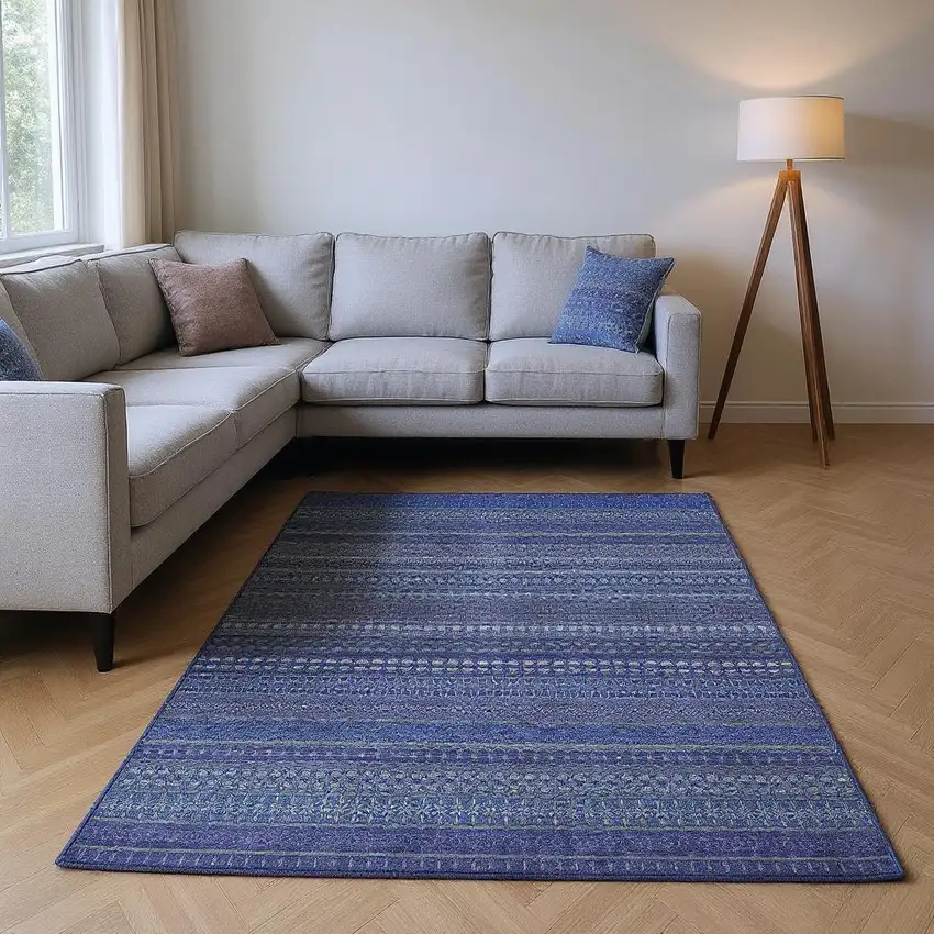 Navy Blue And Ivory Striped Washable Area Rug With UV Protection Photo 2