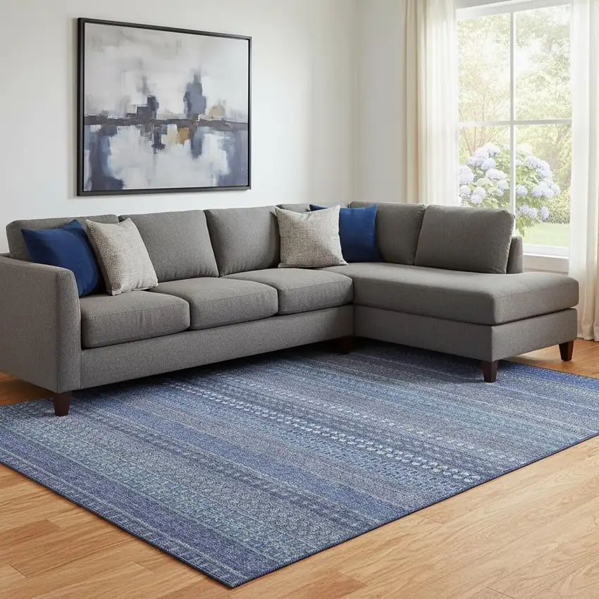 Navy Blue And Ivory Striped Washable Area Rug With UV Protection Photo 1