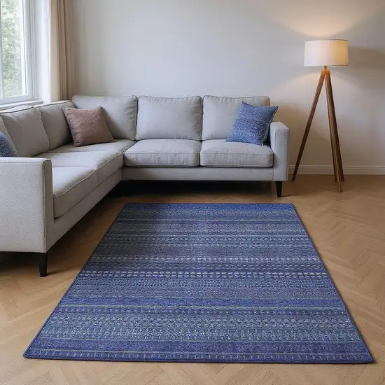 Navy Blue And Ivory Striped Washable Area Rug With UV Protection Photo 2