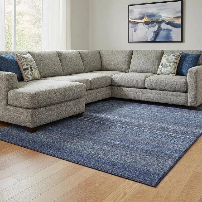 Navy Blue And Ivory Striped Washable Area Rug With UV Protection Photo 1