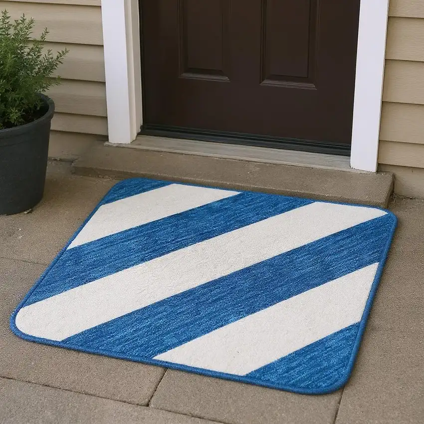 Navy Blue And Ivory Striped Washable Area Rug With UV Protection Photo 2