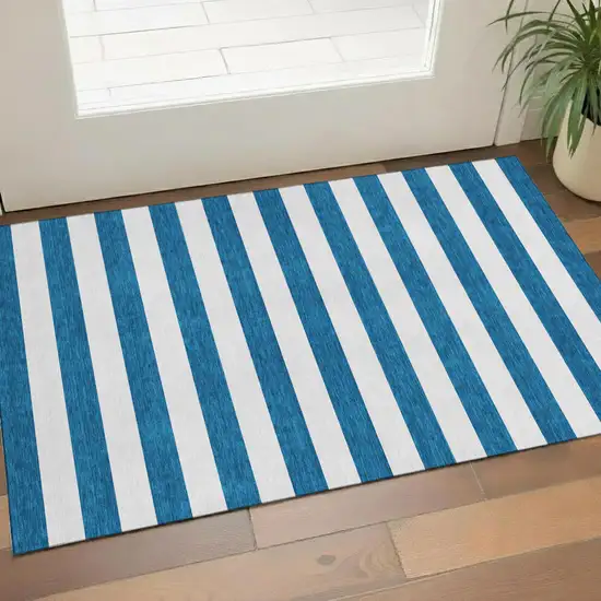 Navy Blue And Ivory Striped Washable Area Rug With UV Protection Photo 1