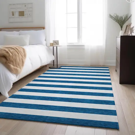 Navy Blue And Ivory Striped Washable Area Rug With UV Protection Photo 3