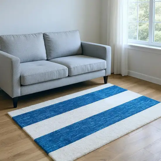 Navy Blue And Ivory Striped Washable Area Rug With UV Protection Photo 2