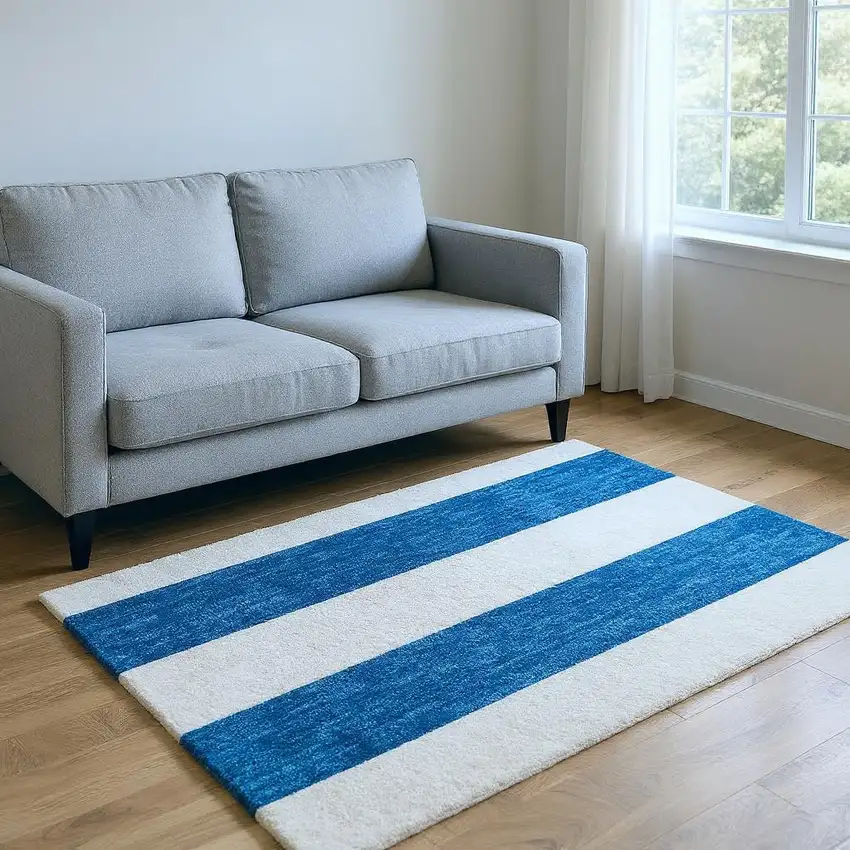 Navy Blue And Ivory Striped Washable Area Rug With UV Protection Photo 2