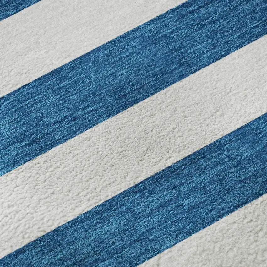 Navy Blue And Ivory Striped Washable Area Rug With UV Protection Photo 1