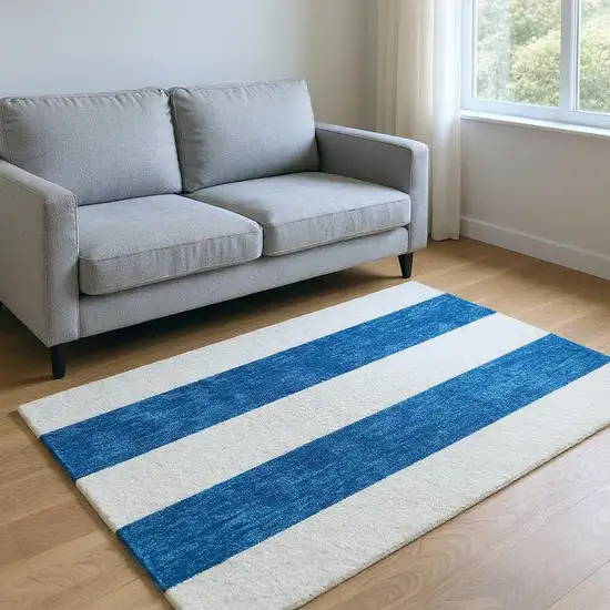 Navy Blue And Ivory Striped Washable Area Rug With UV Protection Photo 2