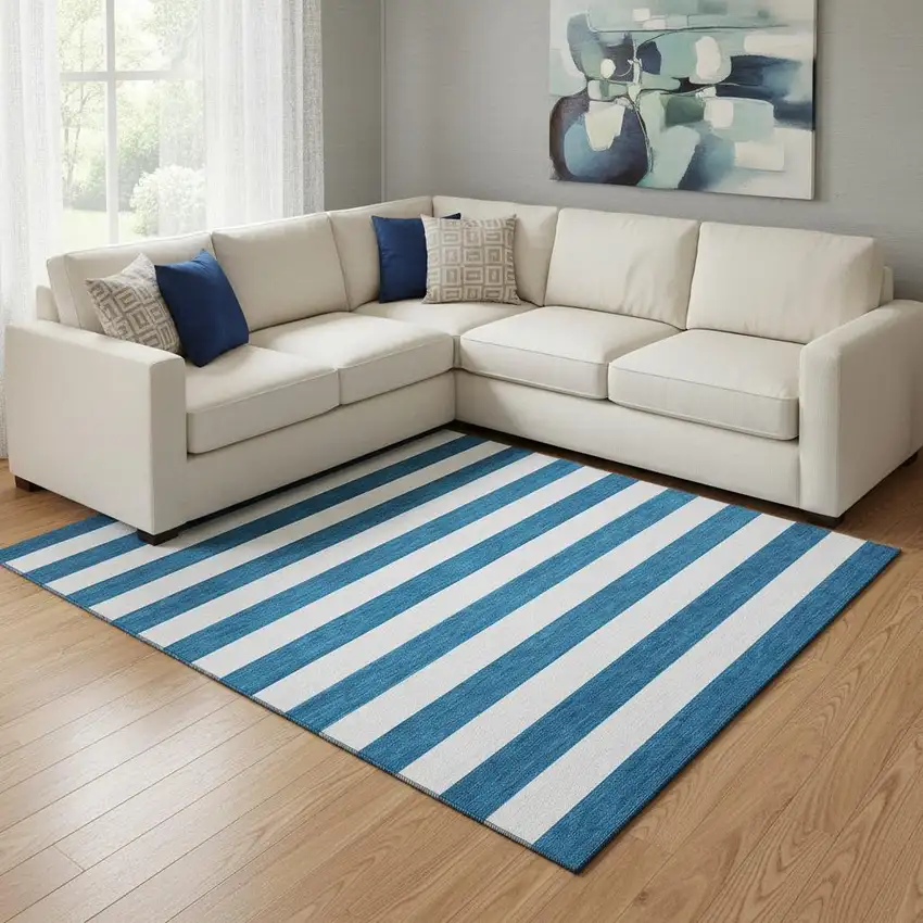 Navy Blue And Ivory Striped Washable Area Rug With UV Protection Photo 1