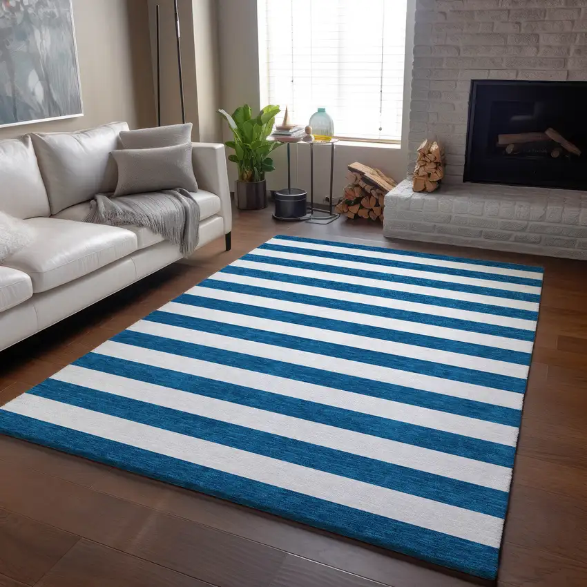 Navy Blue And Ivory Striped Washable Area Rug With UV Protection Photo 5